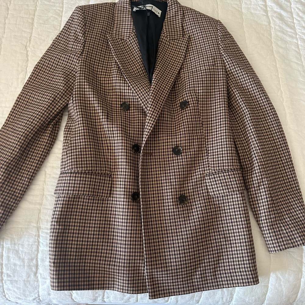 Brown Checkered Double-Breasted Blazer - image 1